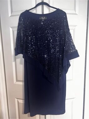 R&M Richards Navy Sequin Capelet Midi Dress